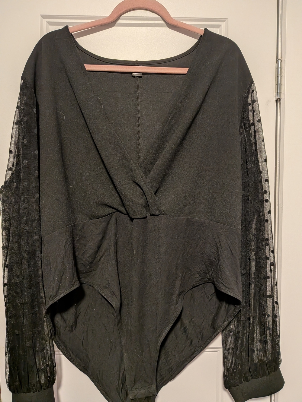 Black V-Neck Mesh Sleeve Bodysuit -Fall